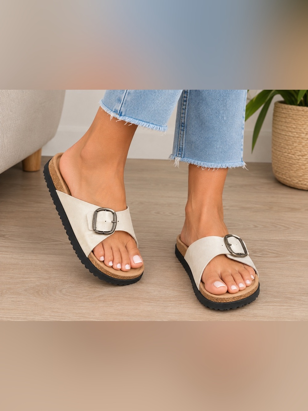 Cream Buckle Comfort Slide Sandals Size 41 NWOT